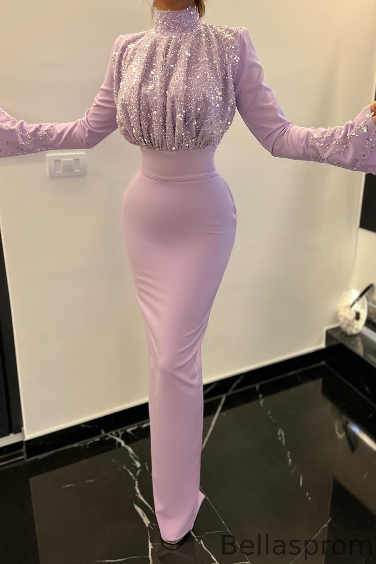  Bellasprom Lilac High-Neck Long Sleeves Evening Dress Mermaid With Sequins Bellasprom