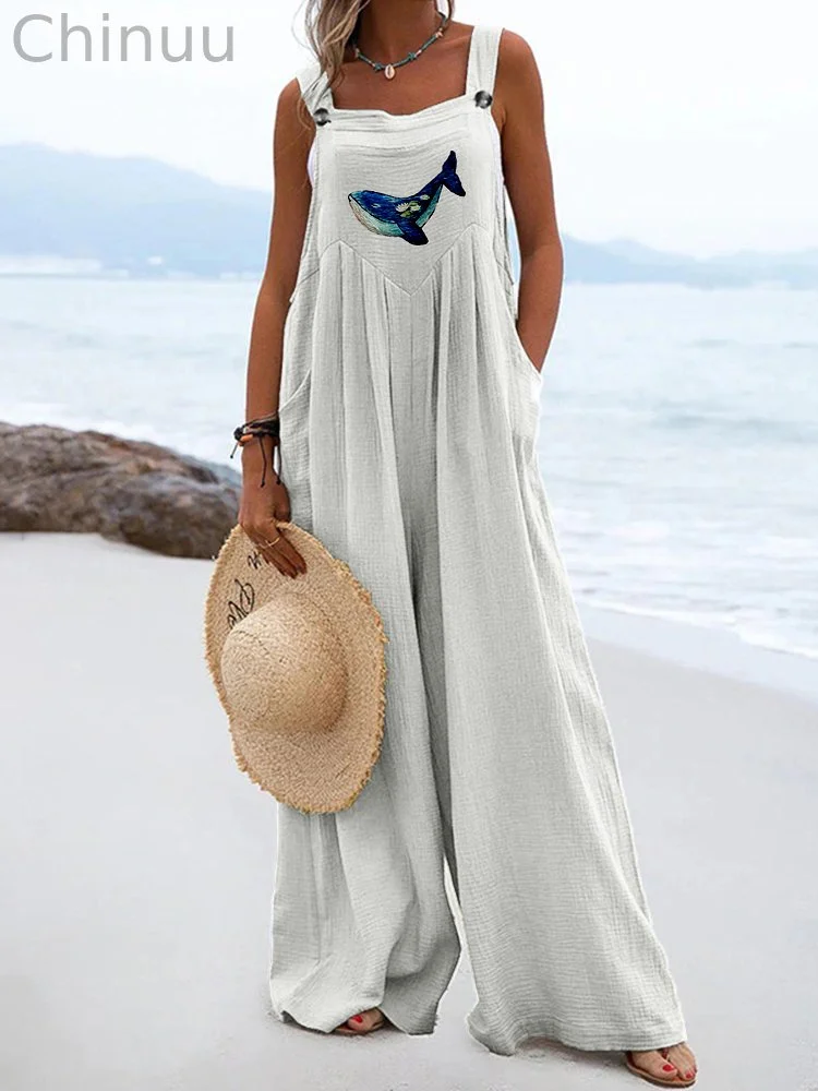 Water Lilies Inspired Embroidered Whale Linen Blend Jumpsuit
