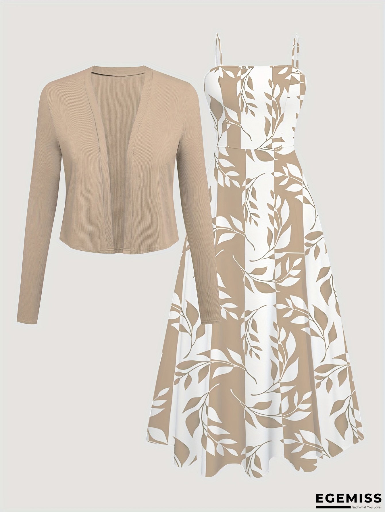 Women's Elegant Plant Stripe Print Dress And Cardigan Set - Spring/Summer, Non-Stretch Fabric, Square Neck, Shirred Waist, Regular Fit, Casual Attire, Casual Attire|Plant Stripe Print Dress| Texture | EGEMISS