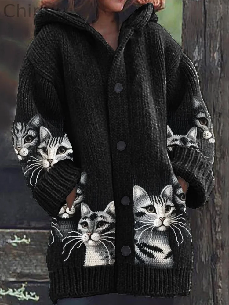 American Shorthair Cats Crochet Cozy Knit Hooded Cardigan