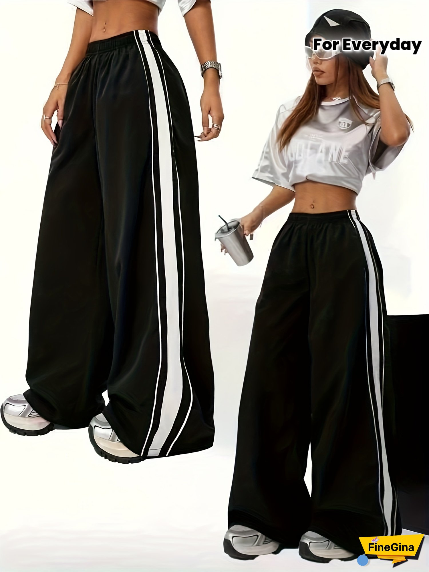Women's High-Waisted Wide-Leg Casual Pants with Side Stripe - Black & White Polyester Blend, Elastic Waistband, Loose Fit for Everyday Comfort