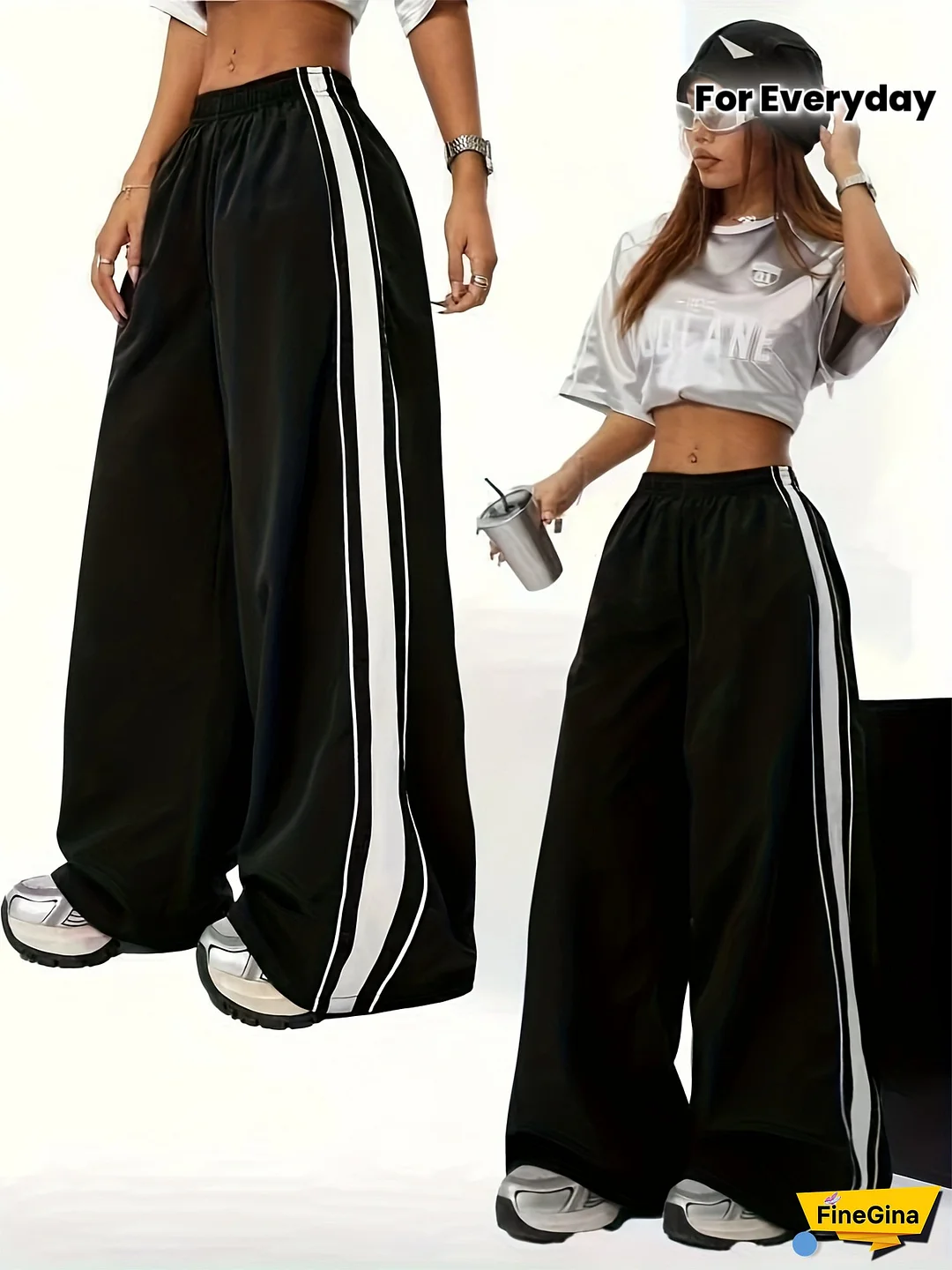 Women's High-Waisted Wide-Leg Casual Pants with Side Stripe - Black & White Polyester Blend, Elastic Waistband, Loose Fit for Everyday Comfort