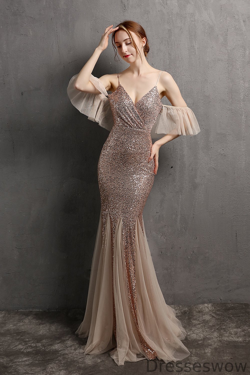 Dresseswow Spaghetti-Straps Mermaid Evening Dress Sequins With Tulle Ruffles YE0051
