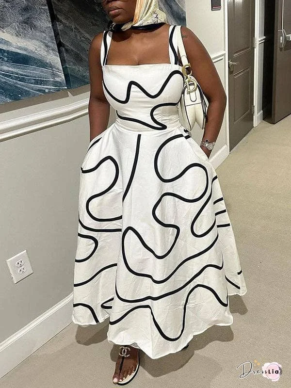 A-Line High Waisted Pockets Printed Split-Joint Spaghetti-Neck Maxi Dresses