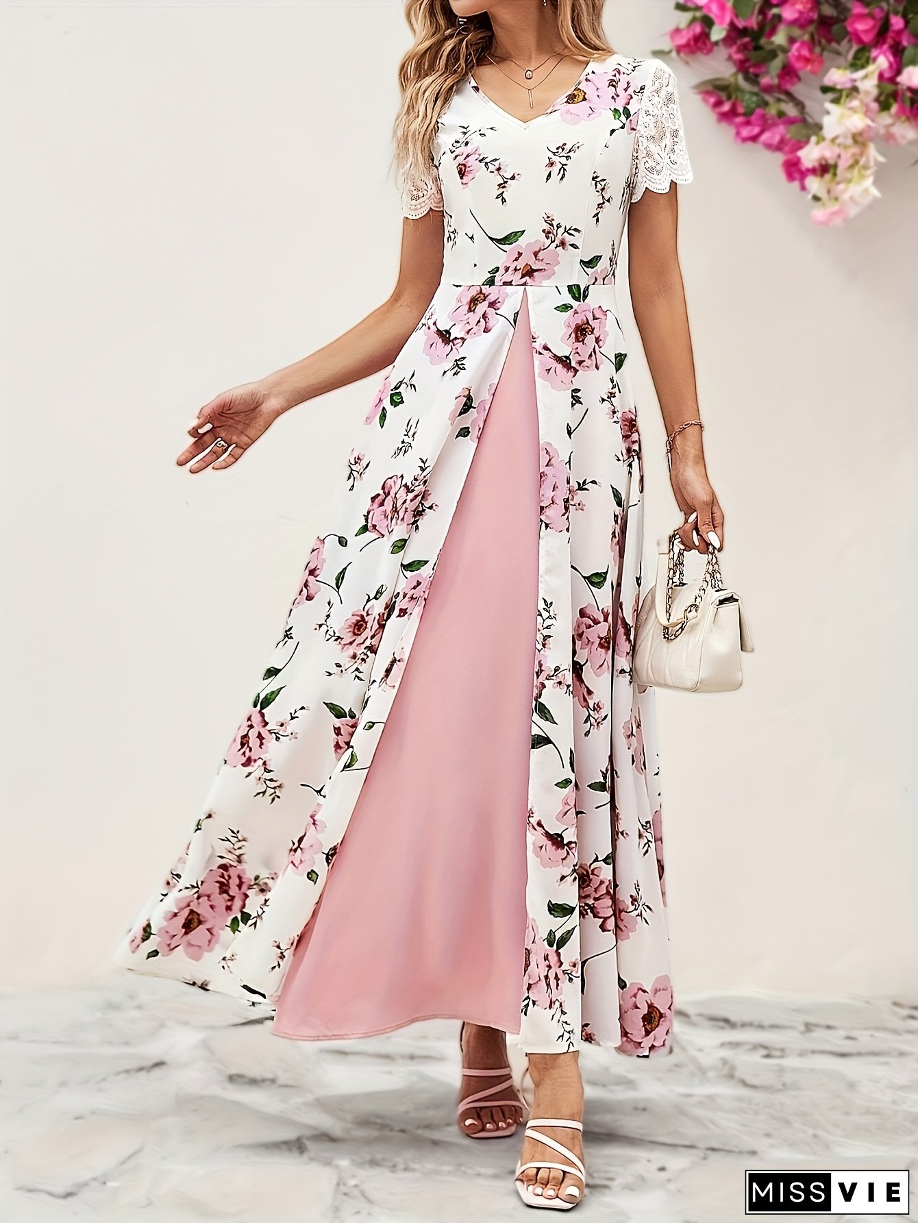 Elegant Floral Print V-Neck Midi Dress for Women - Short Sleeve, High-Low Hem, Split Front, Lightweight Polyester, Perfect for Spring/Summer/Fall, Casual Elegance Attire | Vneck Dress | Glossy Textur