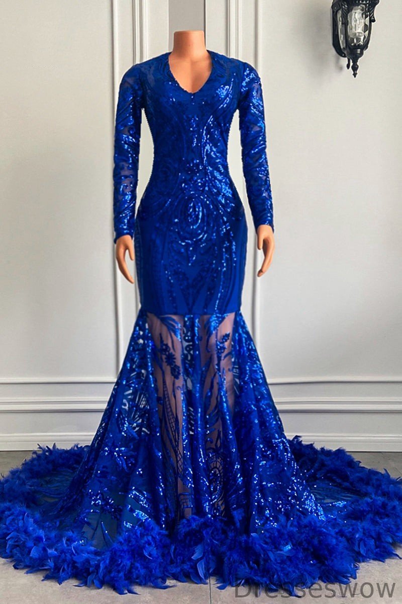 Dresseswow Royal Blue Long Sleeves Prom Dress Mermaid Sequins With Feather