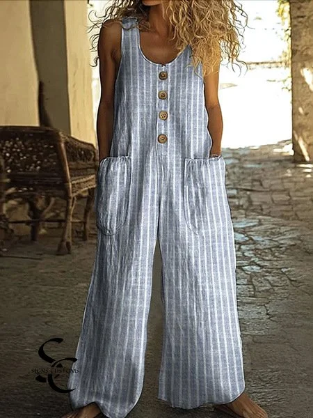 Women's Vintage Striped Print Casual Cotton And Linen Loose Straight-leg Wide-leg Pants