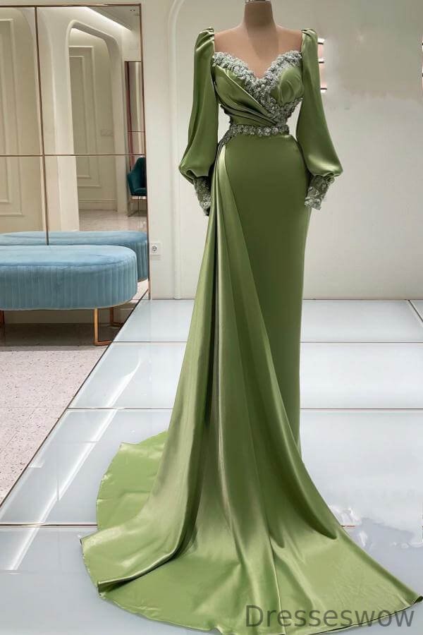 Dresseswow Sage Sweetheart Long Sleeves Mermaid Evening Dress With Ruffles Beads