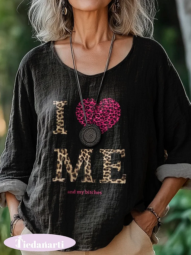 "I Love Me, And My B*tches" Funny Valentine's Day Slogan Printed Women's Casual Cotton And Linen Shirt