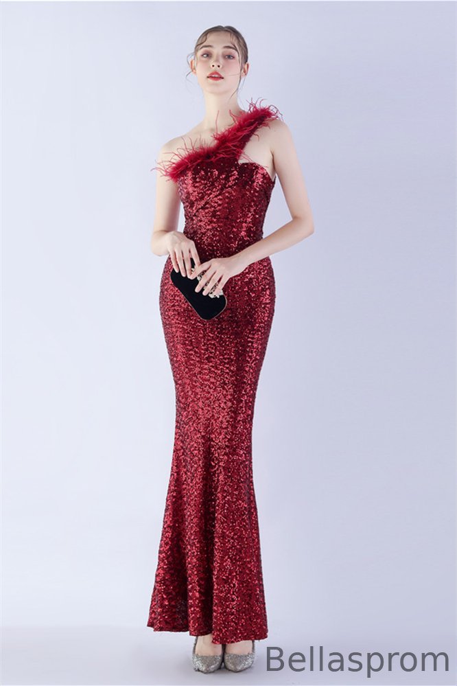 Bellasprom One Shoulder Sequins Evening Gown Mermaid With Feather Bellasprom