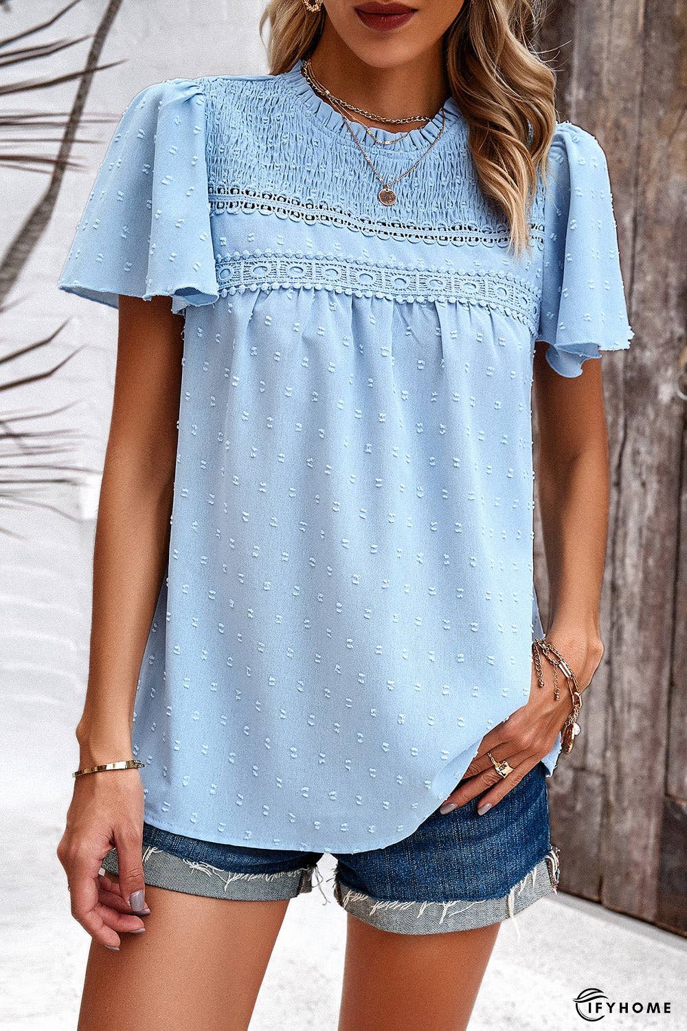 Swiss Dot Smocked Round Neck Short Sleeve Blouse | IFYHOME