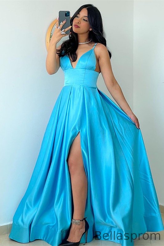 Bellasprom Ocean Blue Prom Dress Long With Slit Spaghetti-Straps Bellasprom