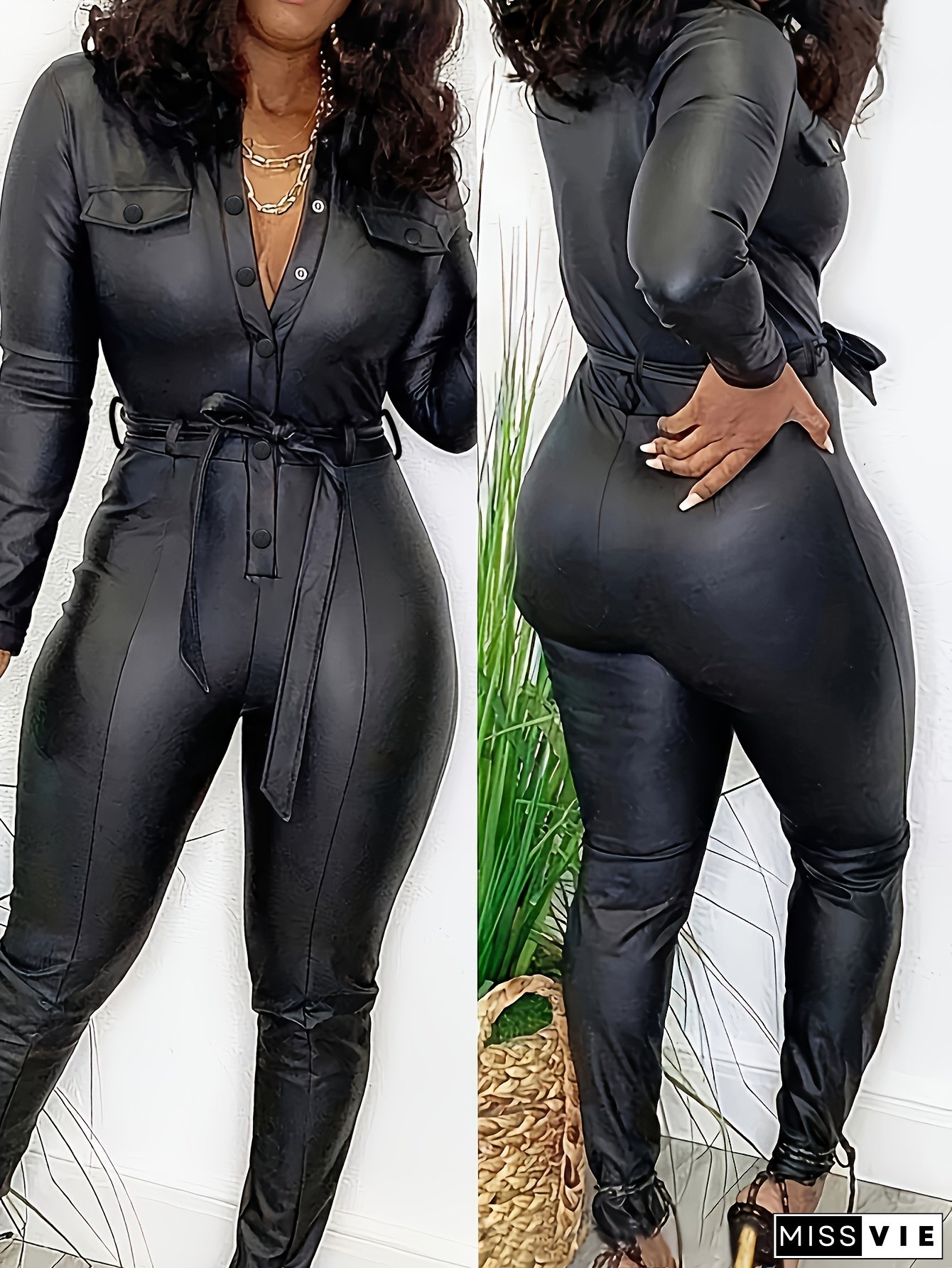 Long-Sleeve Solid Color Wrap Collar Jumpsuit with Belted Waist