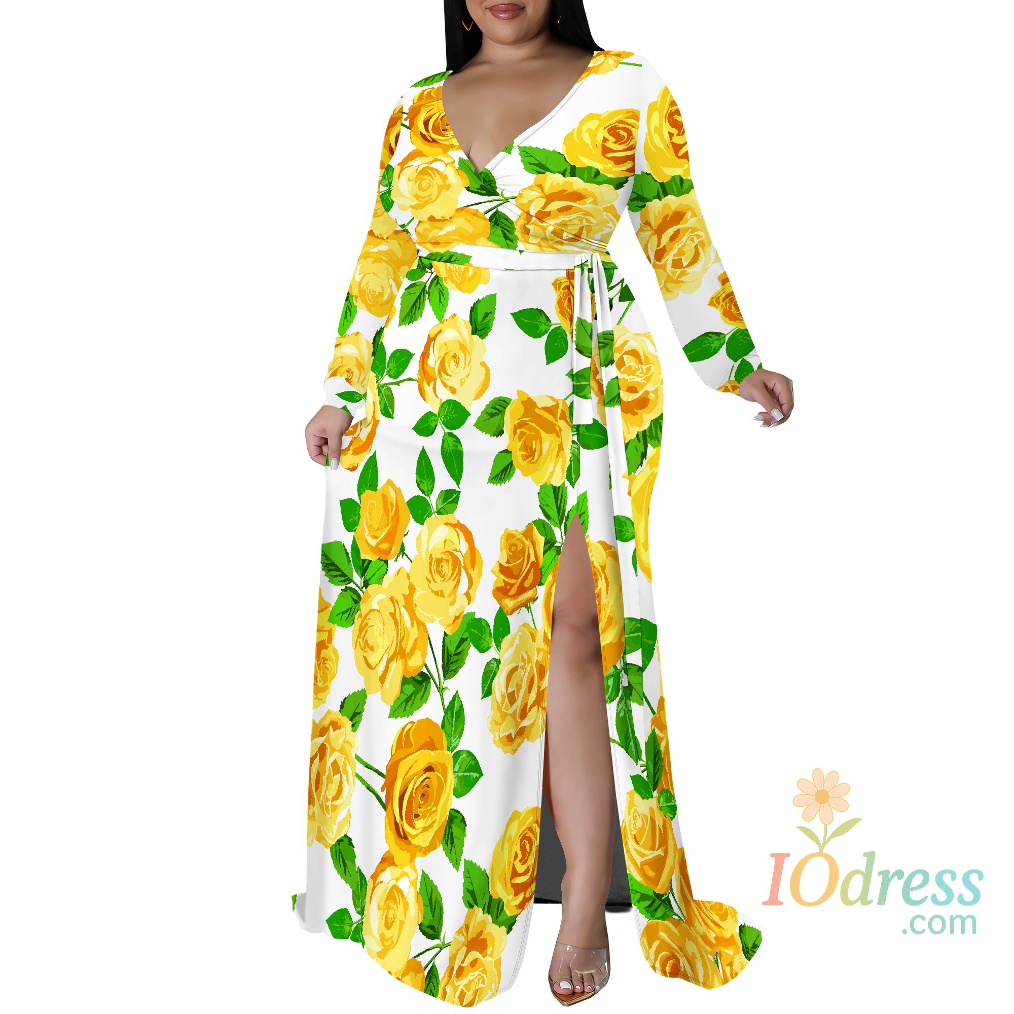 IO Dress Plus Size Long Sleeve Yellow Rose Floral Wrap Dress for Women, Elegant Maxi Dress with Side Slit for Spring & Summer IO Dress