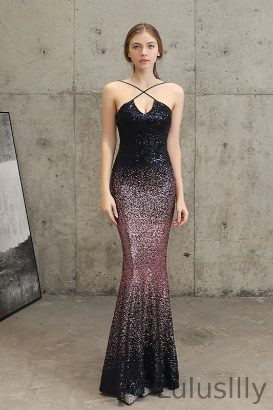 Ombre Sequins Halter Prom Dress Long Mermaid Evening Gowns - lulusllly