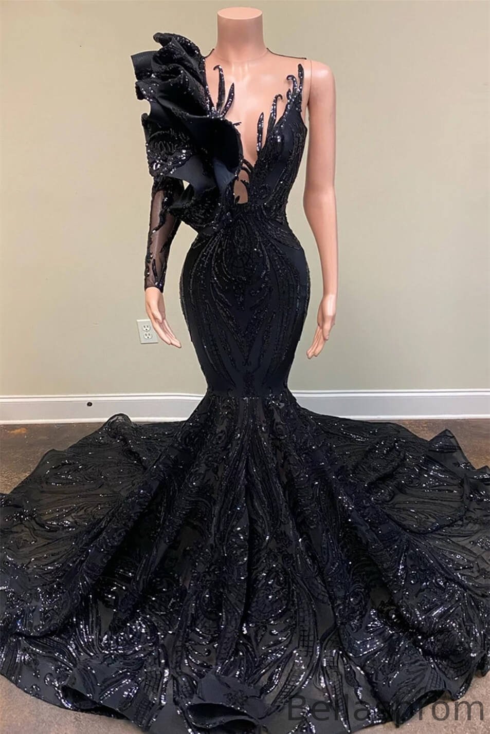 Bellasprom Black Scoop Long Sleeve Mermaid Prom Dress With Sequins Online Bellasprom