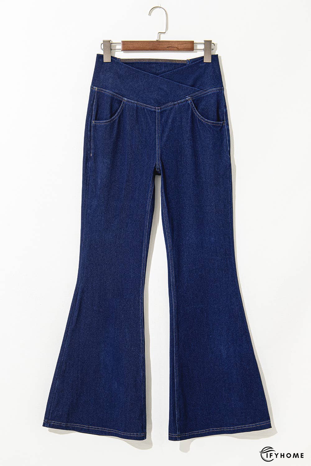 Solid Crossed Waist High Elastic Fit Flare Jeans | IFYHOME