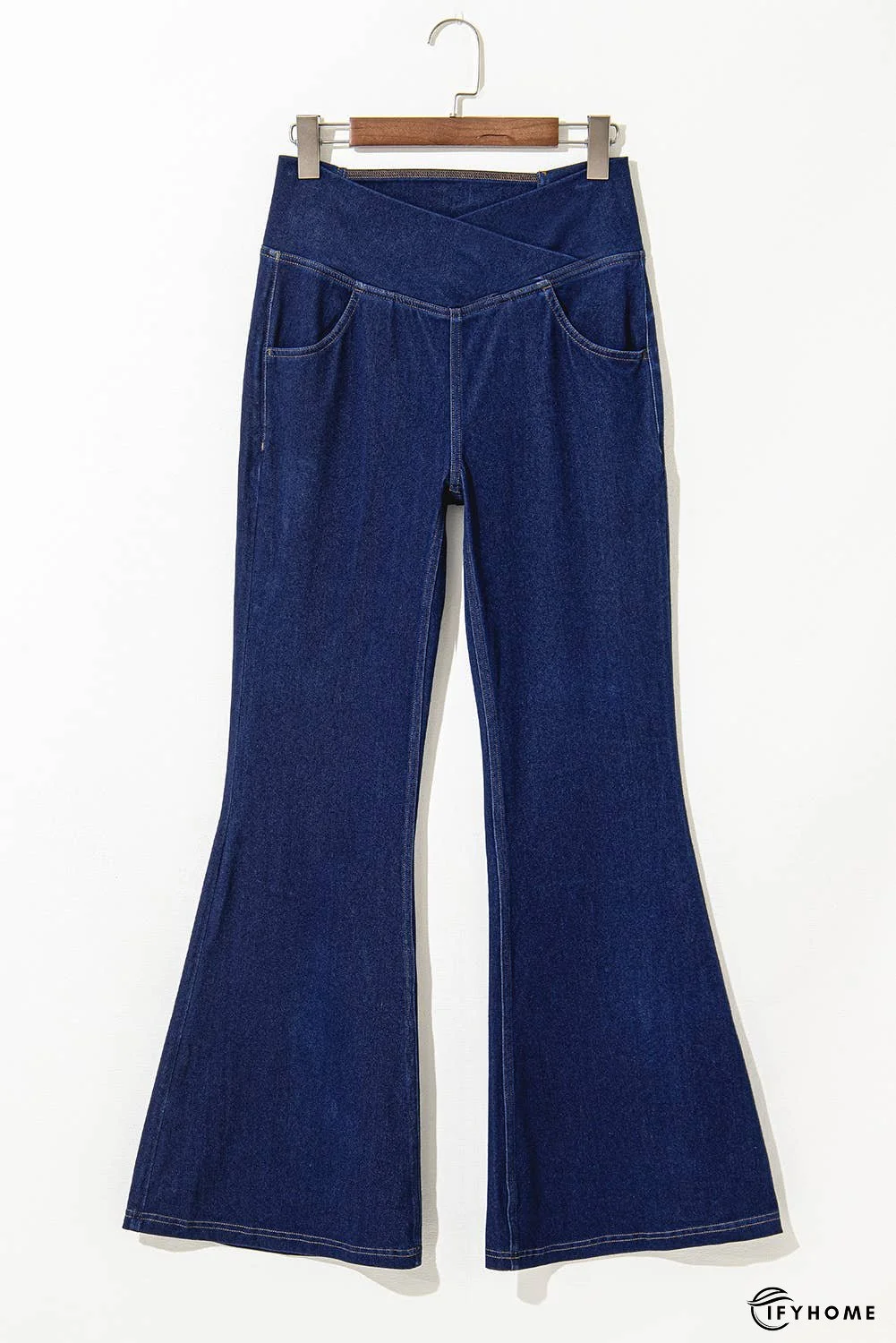 Solid Crossed Waist High Elastic Fit Flare Jeans | IFYHOME