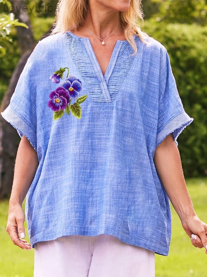 Women's Purple Floral Loose Long Sleeve Crew Neck Top