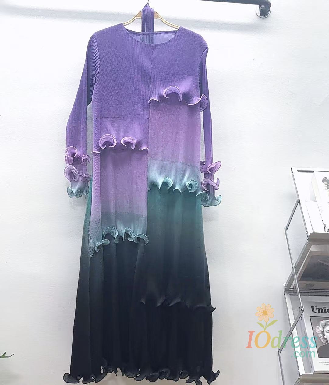 IO Dress 2025 Spring New Printed Miyake Pleats Gradual Change Dress Dense Edge Lace Loose Elegant Women's Dresses