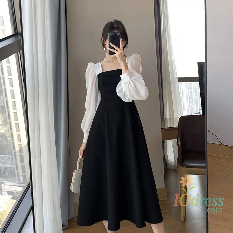 IO Dress Long Sleeve Black Vintage French Style Vestido De Mujer New Spring Autumn Squared Collar Lace Up Dresses Women Fashion IO Dress