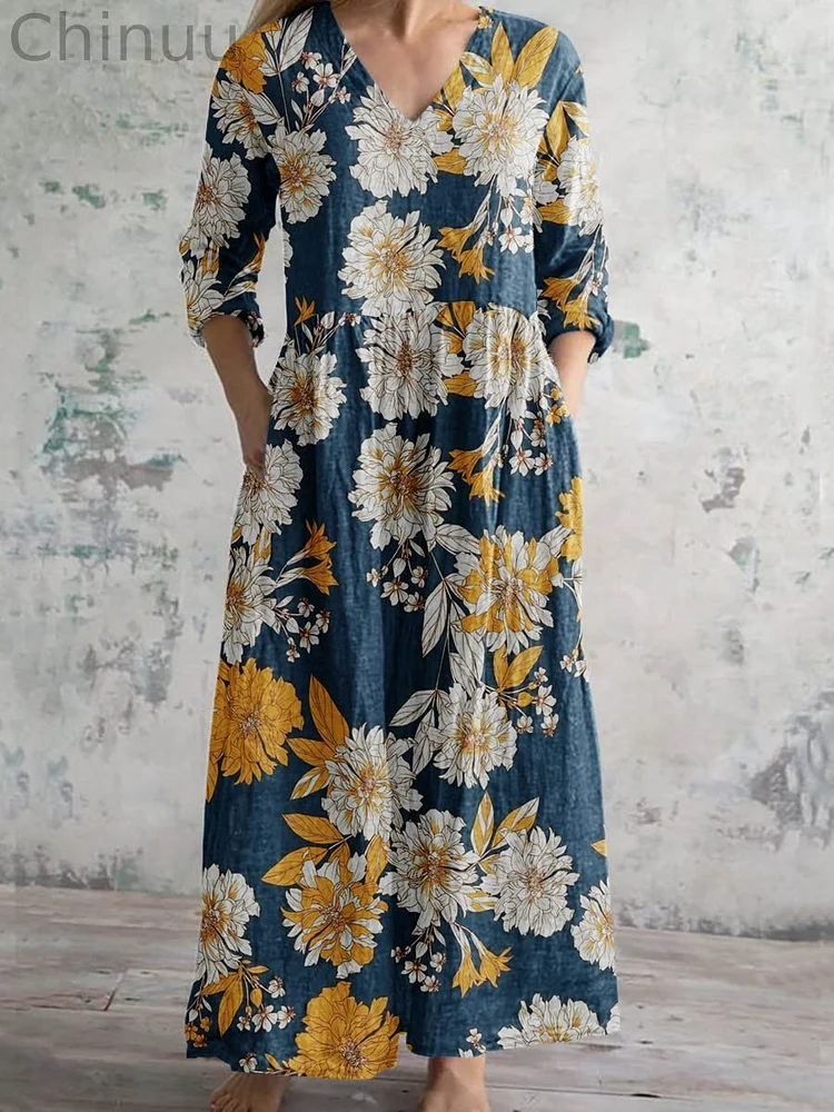 Women's Vintage Floral Print Casual Cotton Dress