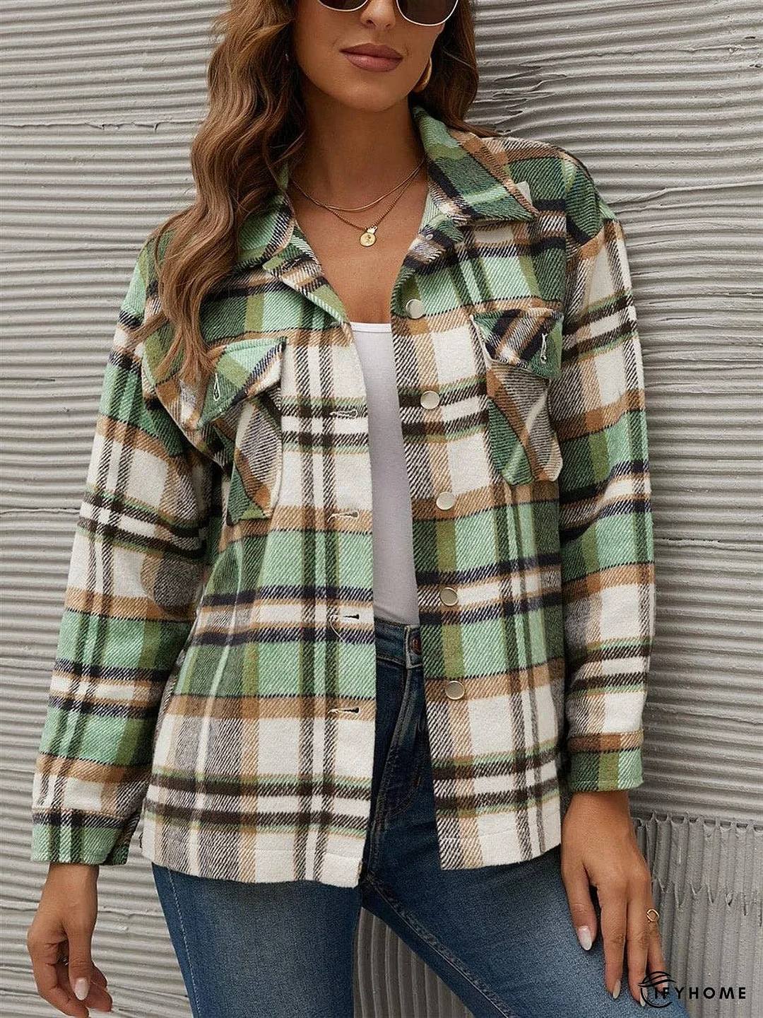 Plaid Collared Neck Long Sleeve Jacket | IFYHOME