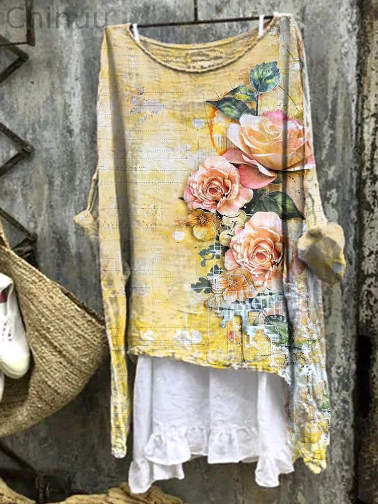 Vintage Floral Embroidery Art Linen Blend Shirt