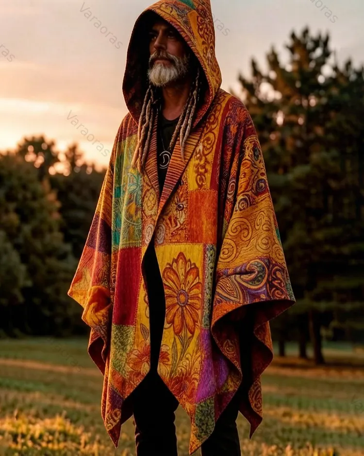 Men's Summer Fashion Hippie Style Star and Moon Embroidered Linen Cardigan Hooded Cape  7748