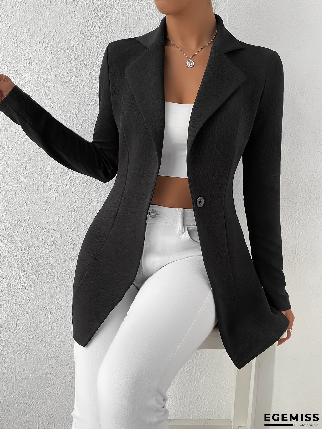 Women&lsquo;s Elegant Business Casual Blazer - Solid Color Black, Long Sleeve, Button-Up with Lapel Collar, Regular Fit, All-Season Versatile Office & Casual Wear, Single-Breasted Design | EGEMISS