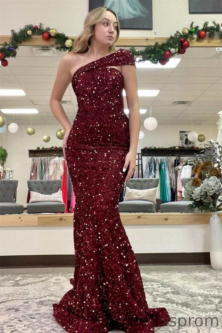 Bellasprom Burgundy One Shoulder Sleeveless Mermaid Prom Dress With Sequins Online Bellasprom