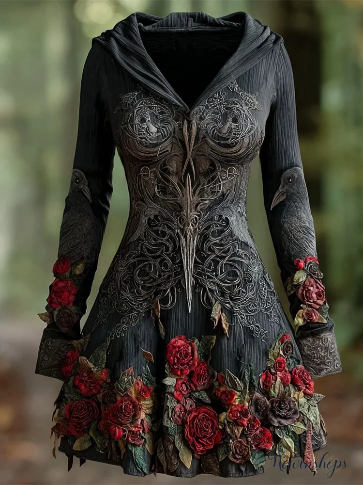 Halloween Dark Rose Art Women's Hooded Mini Dress