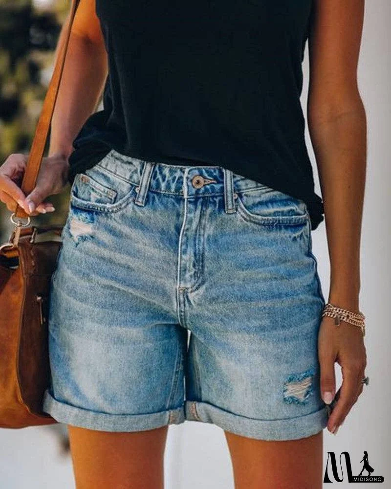 High Waist Folded Hem Denim Shorts SKS6627