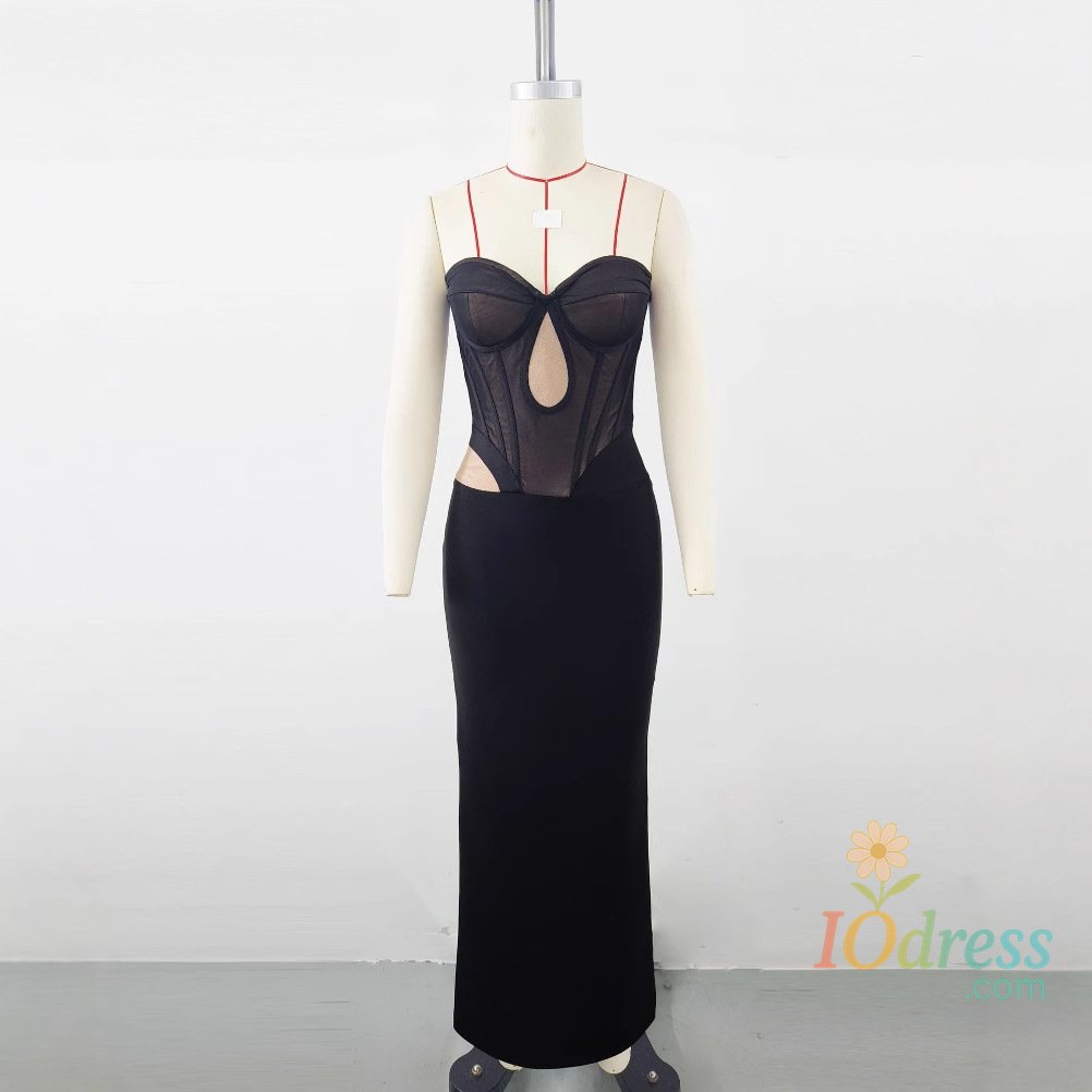 IO Dress Black Mesh Patwork Bandage Evening Dresses Luxury 2025 Summer New Sexy See Through Nightclub Party Dress Women's Bodycon Outfits