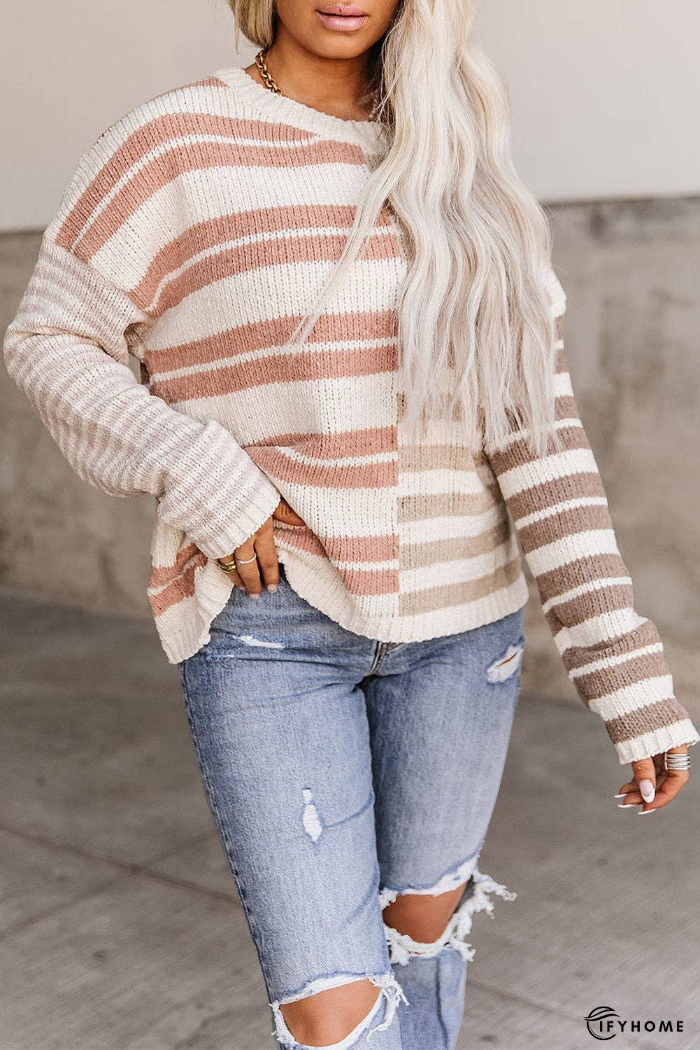 Color Block Drop Shoulder Pullover Striped Sweater | IFYHOME