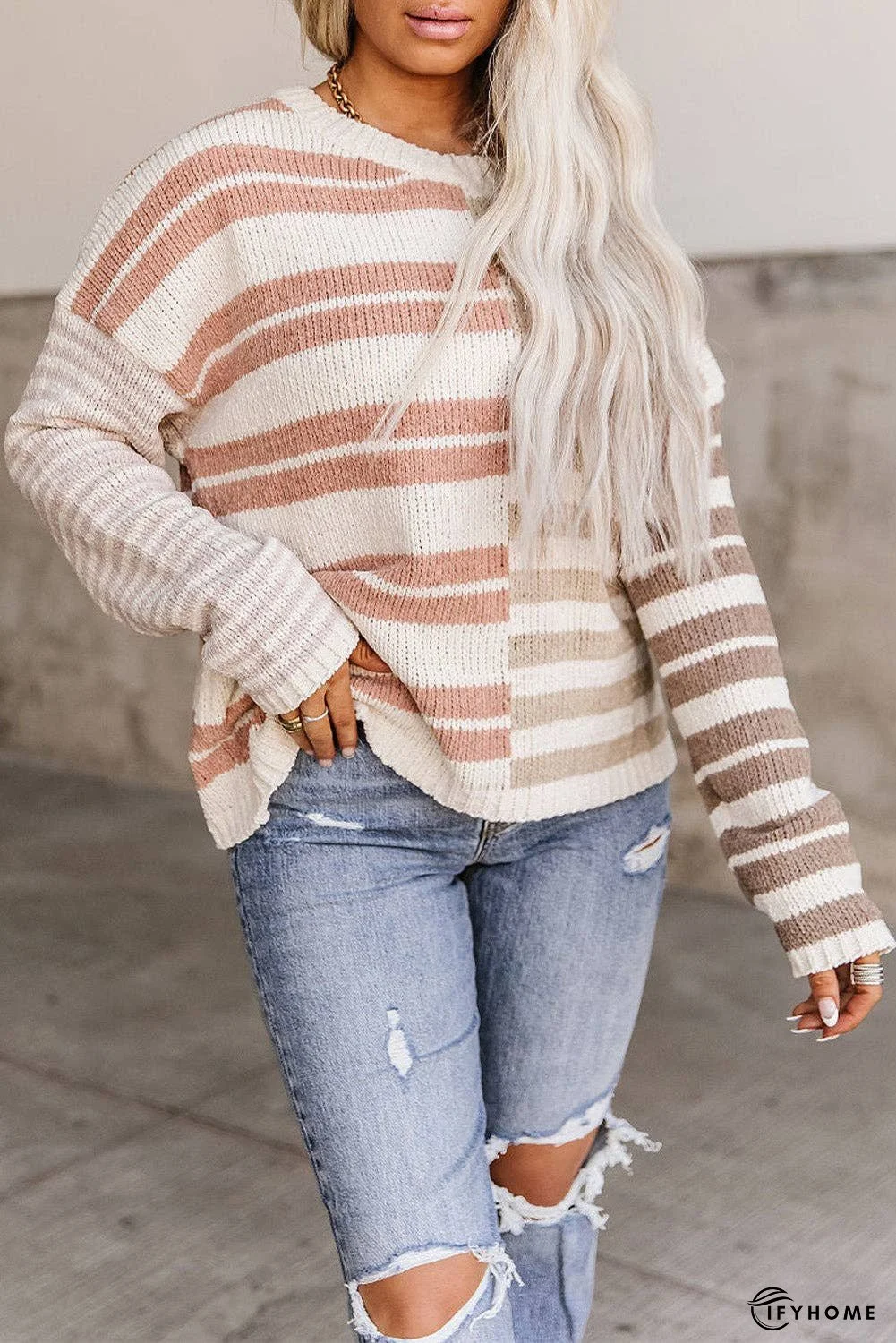Color Block Drop Shoulder Pullover Striped Sweater | IFYHOME
