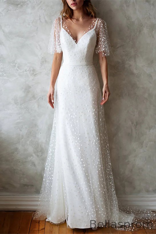 Bellasprom Ruffle Sleeves V-Neck Long Wedding Dress Open Back Bellasprom