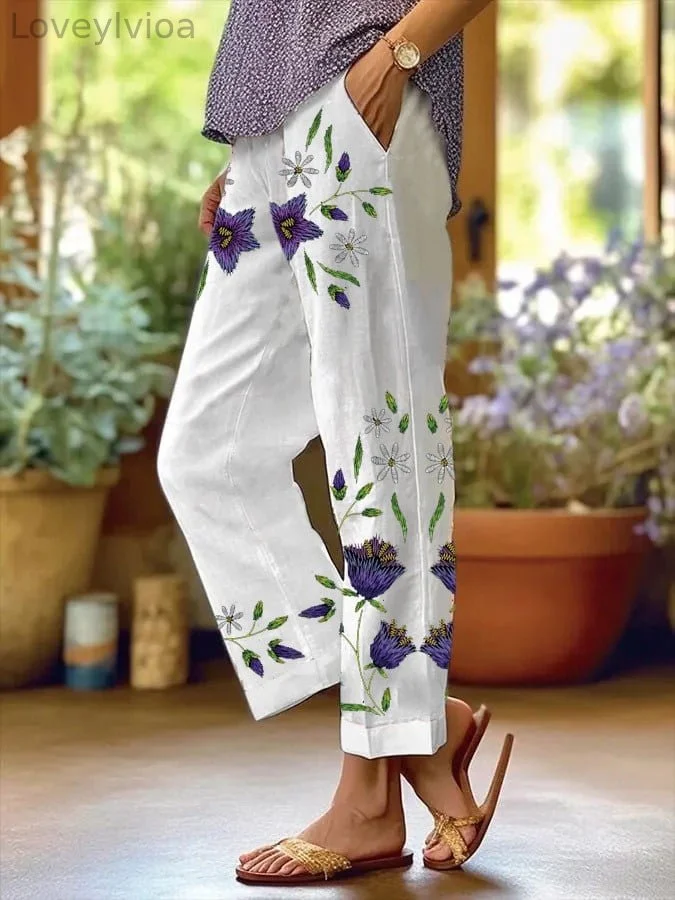 Women's Purple Floral Pansy Dementia Alzheimer's Disease Awareness Printed Cotton and Linen Casual Pants