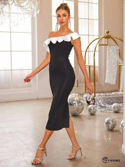 Slit Contrast Single Shoulder Midi Dress | IFYHOME