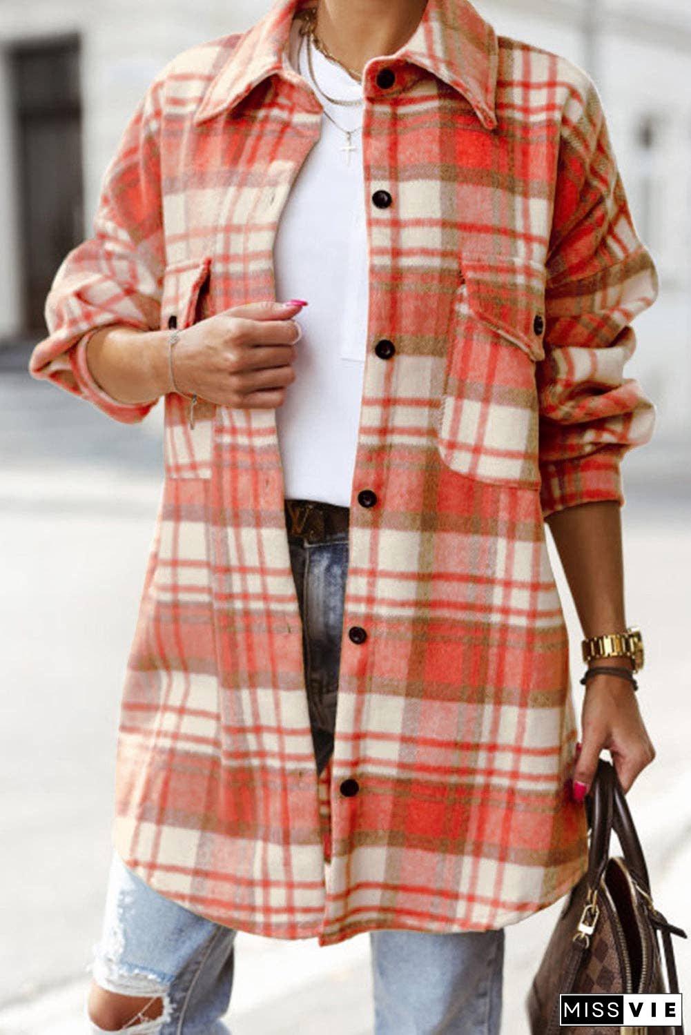 Plaid Flap Pocket Buttoned Shacket