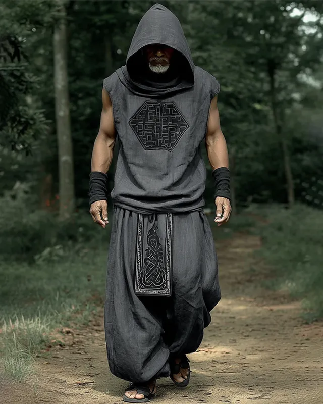 Men's Viking Color-Block Embroidered Linen Sleeveless Hooded Top and Pants Two-Piece Set 3999