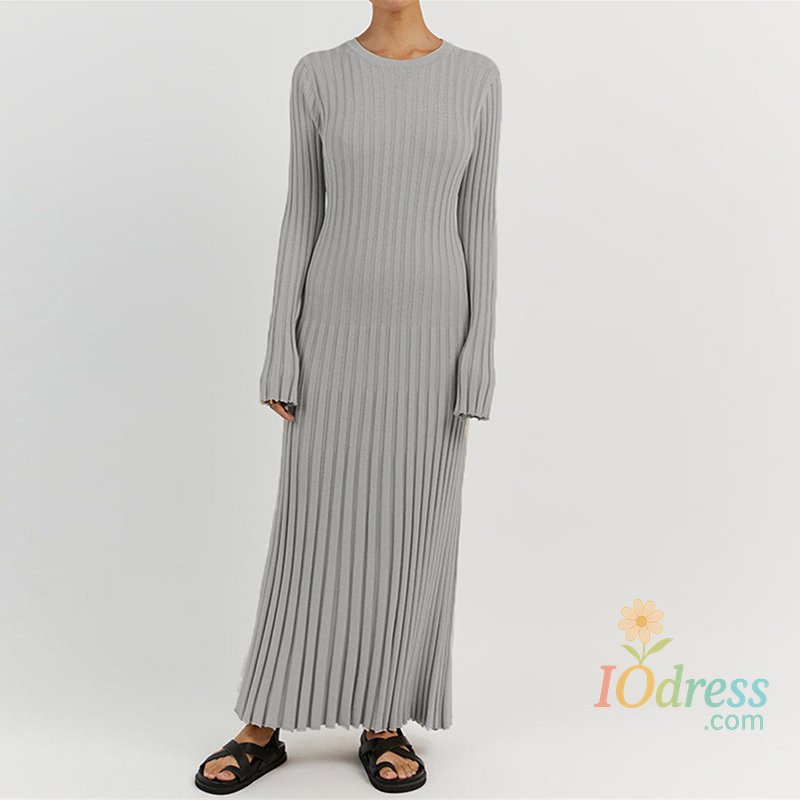 IO Dress Women Elegant Ribbed Knit Full Sleeve Maxi Dress Crew Neck Bodycon Pencil Long Dress Tie Waist Dress 90s Vintage Streetwear