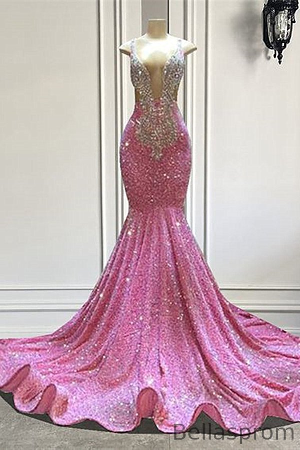 Bellasprom Pink Sleeveless Prom Dress Mermaid Sequins With Crystals Bellasprom