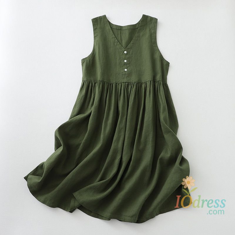 IO Dress Women's Cotton And Linen Solid Color Sleeveless Vest Dress