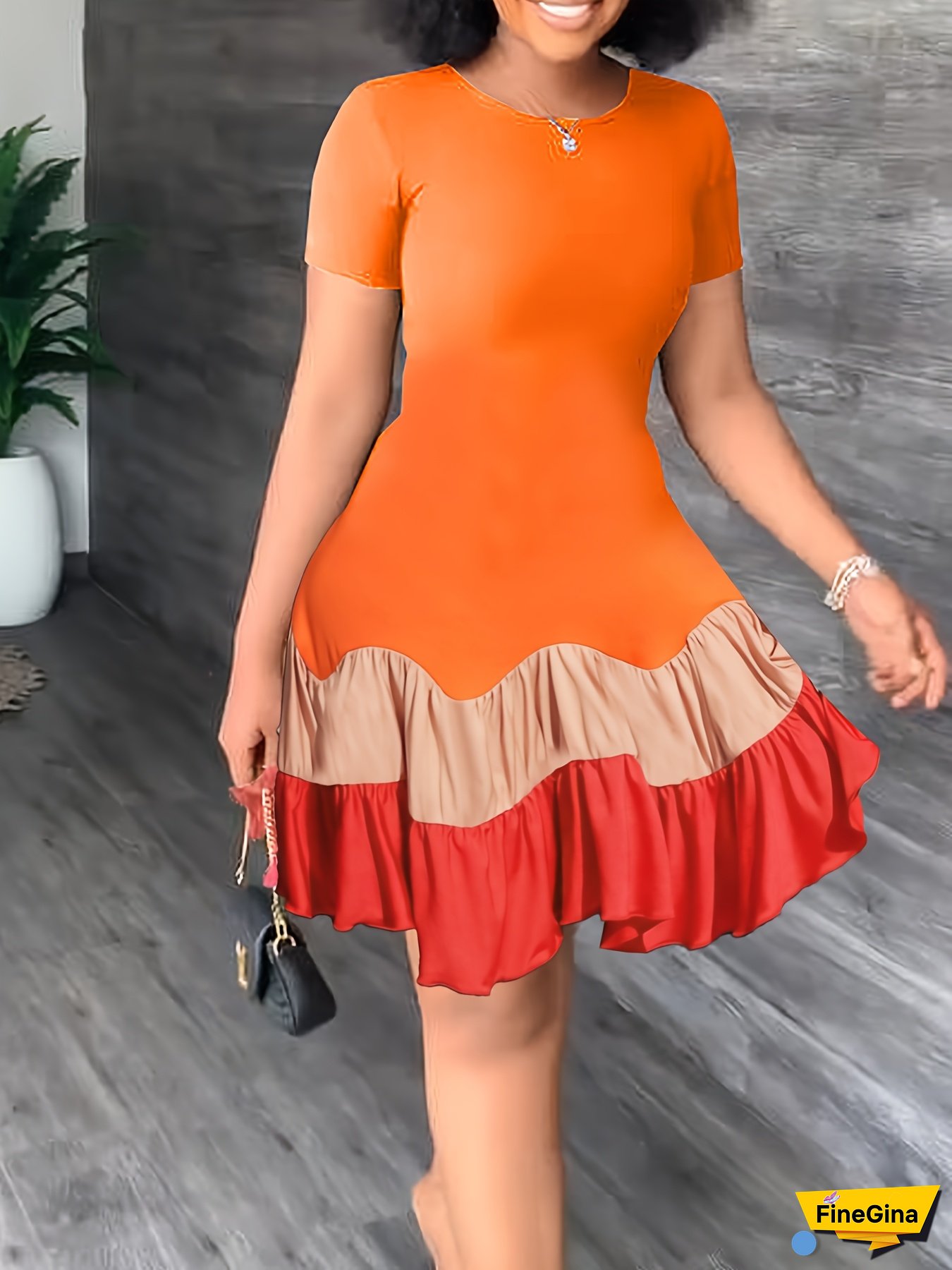 Women's Summer Vacation-Ready A-Line Dress With Ruffled Hem - Stretchy High Elasticity, Vibrant Orange & Red Contrast, Round Neck, Machine Washable - Casual Beach Outing & Daytime Events Ll169, Beach Dresses, Resort Wear, Ruffle Hemline, Comfortable Fit