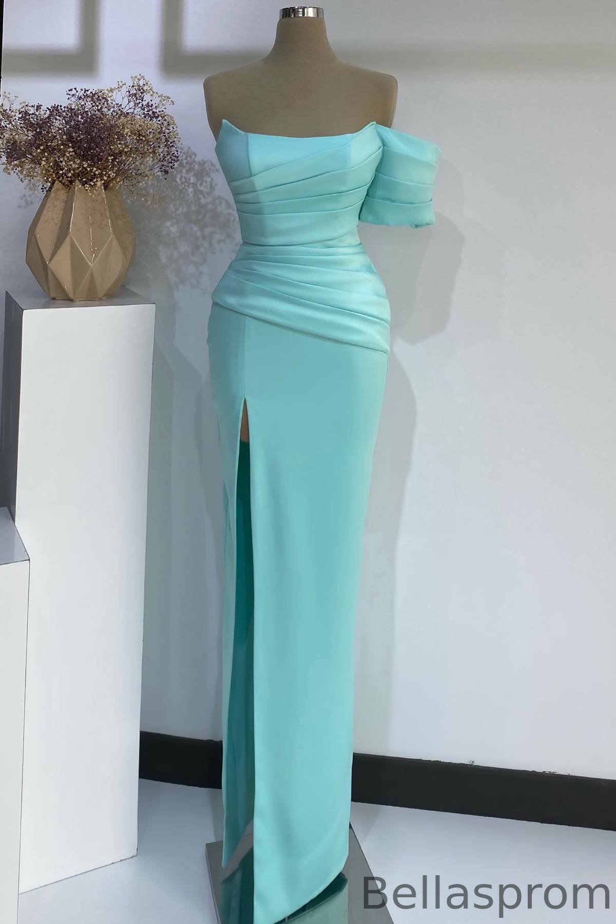 Bellasprom Mint One Shoulder Sleeveless Mermaid Prom Dress With Split Pleats Bellasprom