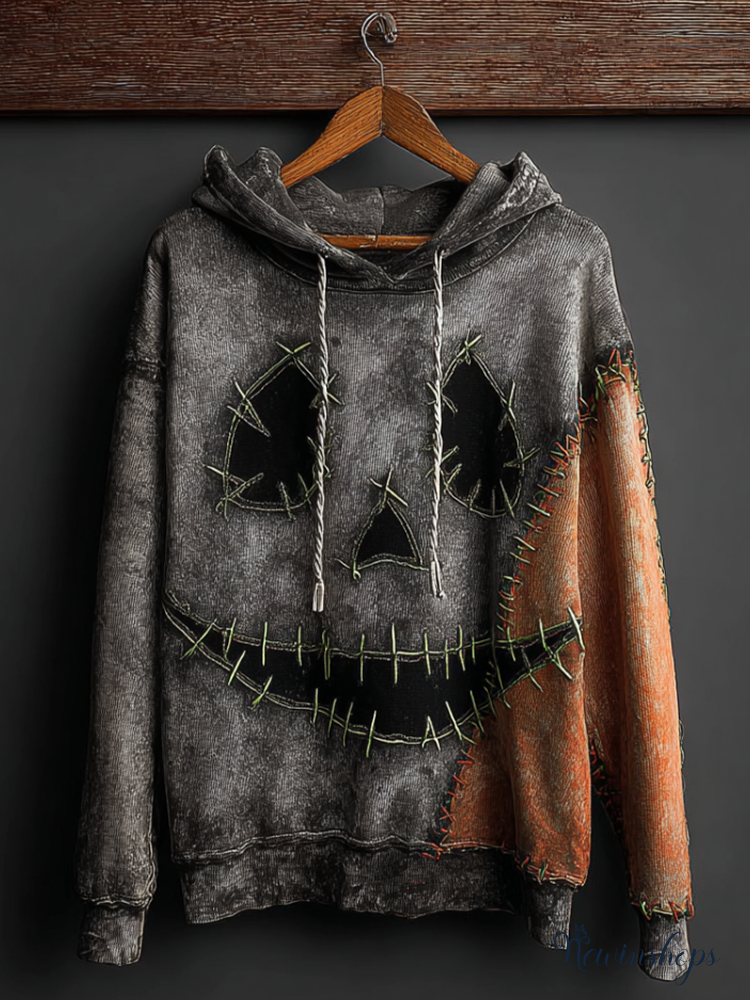 Halloween Ghost Face Distressed Patchwork Hooded Sweatshirt