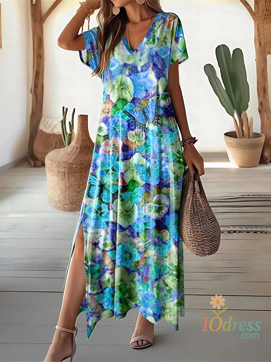 IO Dress Retro Floral Print Dresses For Women's Plus Size V-Neck Female Long Dresses Elegant Short Sleeve Dress Fashion Summer 2024 IO Dress Store
