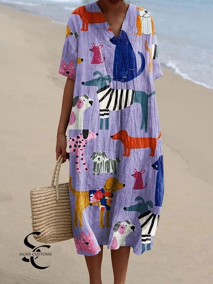 Women's Dog Illustration Print Casual Dress