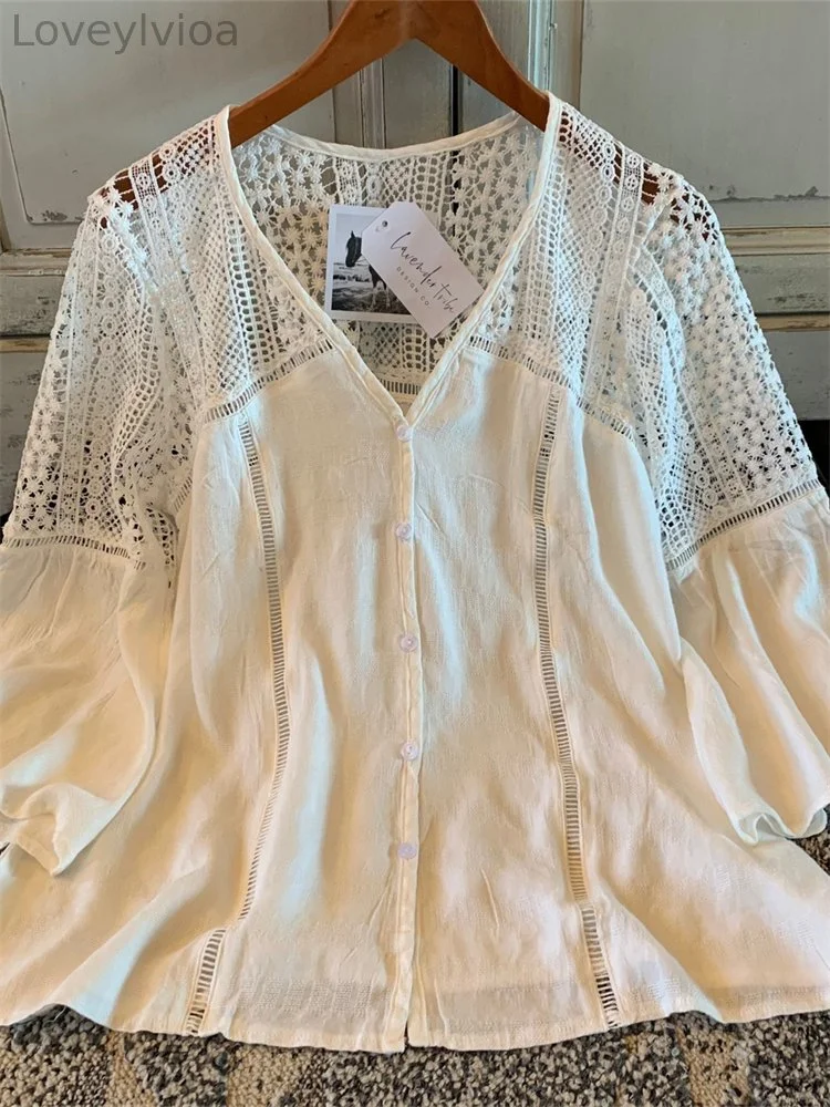 Hollow Lace Patchwork Flowy Flare Blouse